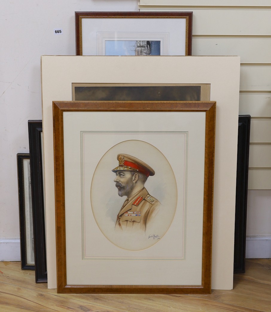 James Higgs, watercolour, George V in uniform, signed and dated 1928, 40 x 30cm, and four assorted prints